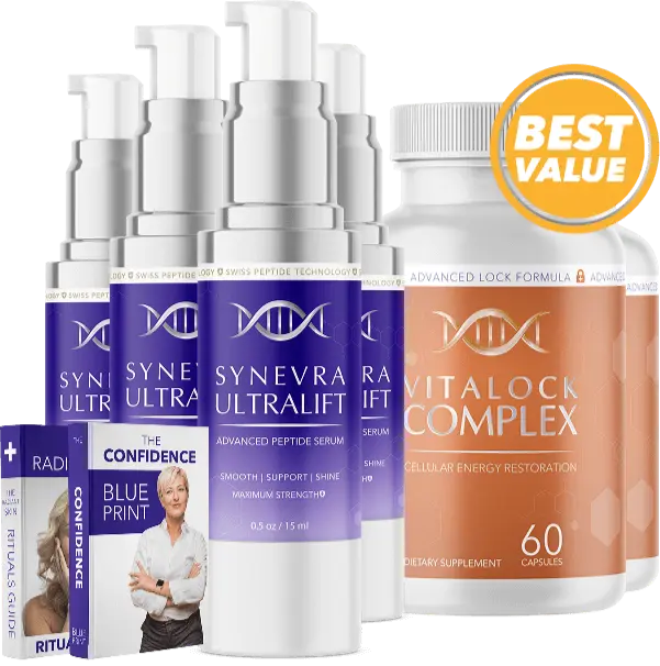 Synevra UltraLift Peptide Serum and VitaLock Complex bottles - the Swiss-inspired Lift and Lock dual-action skincare system